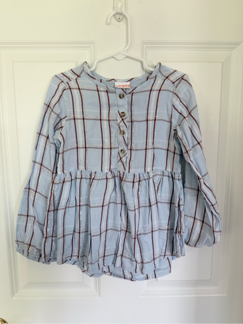 Light Blue /Silver Plaid Button-Front Peplum Girls Blouse - Toddler Size 5